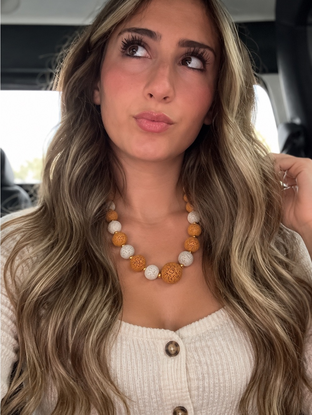 Handcrafted Lava Stone Aromatherapy Necklace 21” Mustard Cream Gold